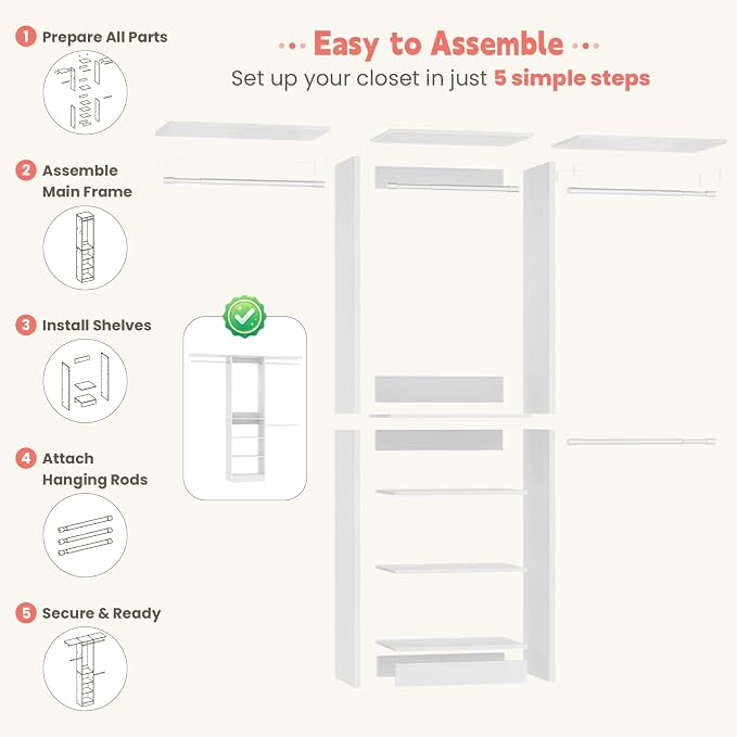 48" Small Closet System, Space-Saving Wall-Mounted Wardrobe Organizer, Mini Garment Rack for Narrow Spaces, Morning Outfit Prep Station & Nursery Dress-up Storage, White