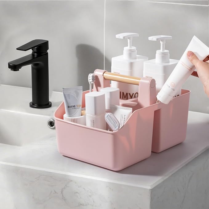 rejomiik Plastic Shower Caddy, Portable Basket with Bamboo Handle, Pink | Cleaning Caddy Organizer Tote for Bathroom, College Dorm Essentials, Bath Toy Storage, Cleaning Supplies