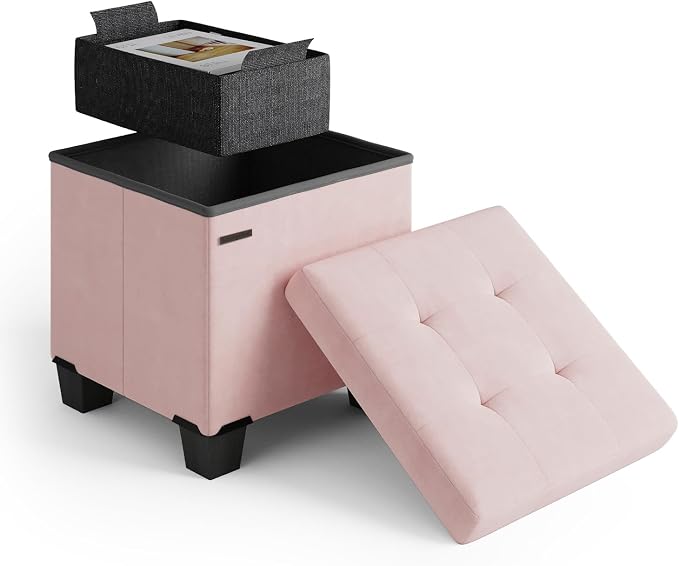 Storage Ottoman Cube with Small Bin, 15-in Square Ottoman with Storage for Living Room and Bedroom, Small Ottomans Foot Rest, Velvet Foot Stools Ottomans Max 330lbs, Pink