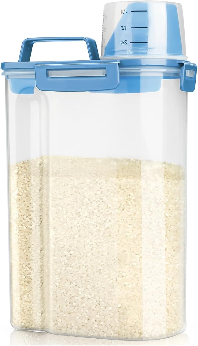 Viretec Rice Airtight Storage Container, 3 to 5Lbs Cereal Dry Food Flour Bin, Pet Dog Cat Food Dispenser with Measuring Cup, BPA Free Clear Plastic Kitchen and Pantry Organization Bin for Sugar, Pasta