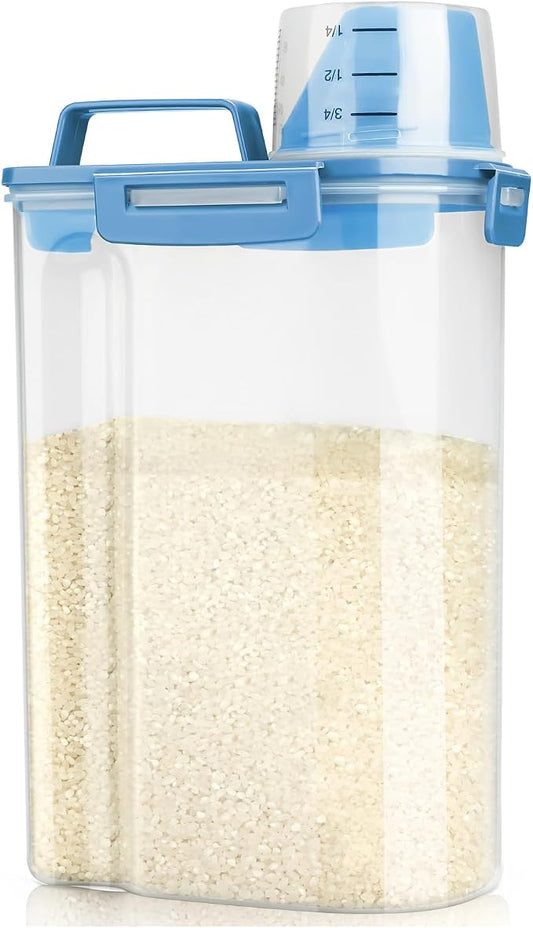 Viretec Rice Airtight Storage Container, 3 to 5Lbs Cereal Dry Food Flour Bin, Pet Dog Cat Food Dispenser with Measuring Cup, BPA Free Clear Plastic Kitchen and Pantry Organization Bin for Sugar, Pasta