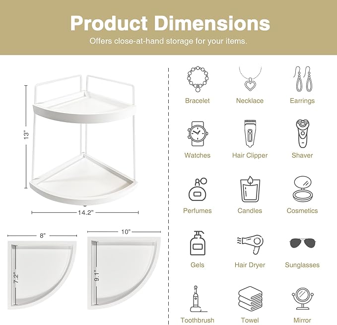 Forbena White 2 Tier Corner Bathroom Counter Organizer, Bathroom Countertop Shelf Organizer for Kitchen Sink, 2 Tier Makeup Vanity Tray for Dresser Tops Decor, Corner Shelf for Girls Bedroom (White)