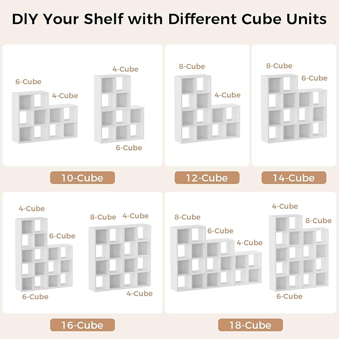 LUCKLIFE 8-Cube Storage Organizer, Stackable Modular Bookcase Shelf with Vertical or Horizontal Use, Fits 11×11" Bins, Optional Back Panels, for Living Room, Office, Off White