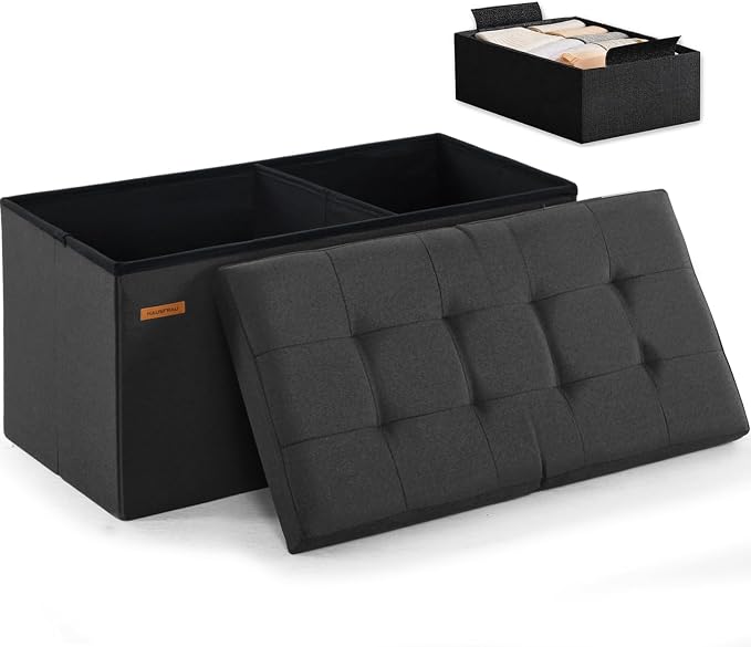 HAUSFRAU Ottoman with Storage Bench Folding Foot Rest Stool Linen Gray | 31.5", Flip Lid, Small Upholstered Foldable Footrest Footstool, Bedroom Bench, Living Room Dorm Ottoman, Rectangle