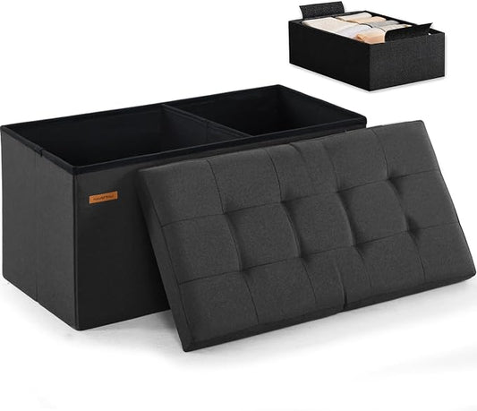 HAUSFRAU Ottoman with Storage Bench Folding Foot Rest Stool Linen Gray | 31.5", Flip Lid, Small Upholstered Foldable Footrest Footstool, Bedroom Bench, Living Room Dorm Ottoman, Rectangle
