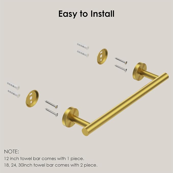 FORIOUS Towel Bar 12" Towel Racks for Bathroom Wall Mounted Brushed Gold | Total Length 14 Inch, Rustproof, Stainless Steel Towel Holder, Wall Mounted for Bathroom Bedroom, Heavy Duty, Space Saving