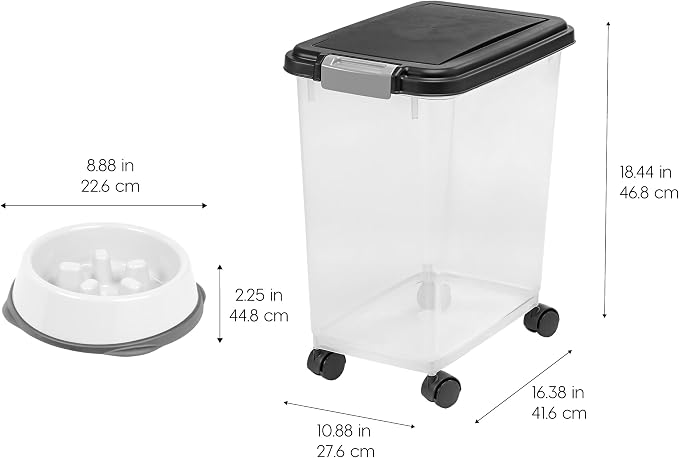 IRIS USA Airtight Dog Food Storage Container with 2-Cup Scoop and Slow Feeder Bowl Combo, Up to 30 lbs Pet Food Bin with Attachable Wheels, Anti-Slip Short Snouted Bowl, Easy to Clean, BPA Free, Black