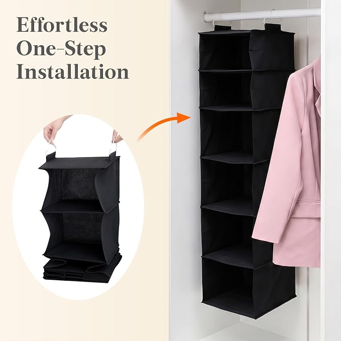 Lifewit 6 Tier Hanging Closet Storage Organizer for Shelves, Black, 1 Pack | Foldable Clothes Shelf with 2 Sturdy Hooks, Sweater/Coat/Shoes Clothing Organization for Wardrobe, Dorm, Bedroom