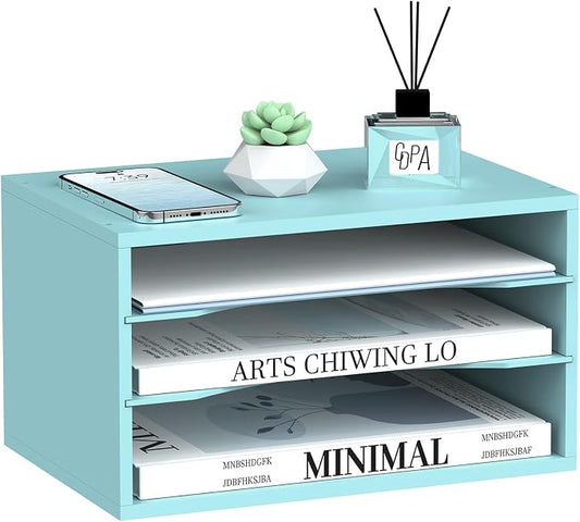 3 Tier Wood Desk Organizer, Mail Sorter and Paper Organizer for Desk, Blue | Wooden Desktop Organizer for Sorting Papers, Letters and Mails, Literature Organizer for Home Office, Classroom Organization