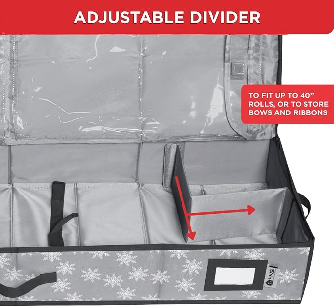 HOLDN’ STORAGE Premium Wrapping Paper Storage Container, Grey w/Snowflakes | Durable 600D Tear-Proof, Fits 27 Rolls Gift Wrap, Extra Pockets for Ribbons & Bows, Underbed Storage