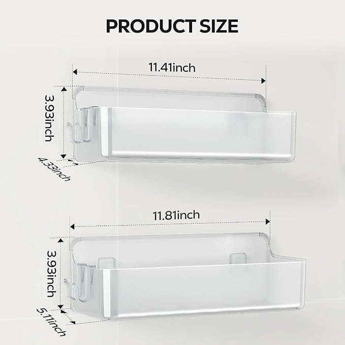 Nieifi Adhesive Shower Shelves, Clear, 2 Pieces | Rustproof ABS, Large Capacity, Removable Design, Easy-Clean, No Drilling Shower Organizer for Bathroom Storage & Home Decor