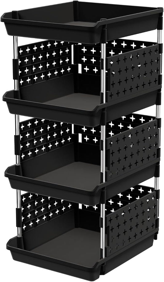Lifewit 4 Tier Plastic Stackable Storage Baskets for Clothes 1 Pack, Black | Stacking Bins for Food, Multifunctional Organizer for RV, Kitchen, Playroom, Pantry and Bathroom