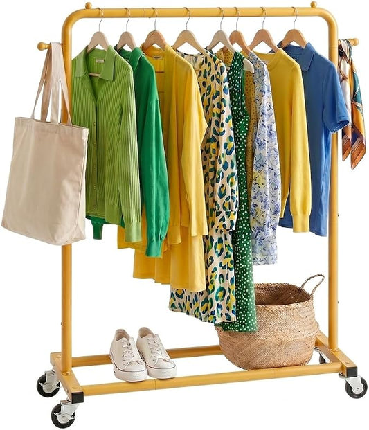 Sywhitta Metal Clothing Rack on Wheels with Bottom Shelf,Gold Yellow | Rolling Garment Rack for Hanging Clothes, Coats, Skirts, 39.76" L x 16" W x 63.78" H,Space-Saving Mobile Organizer for Closet