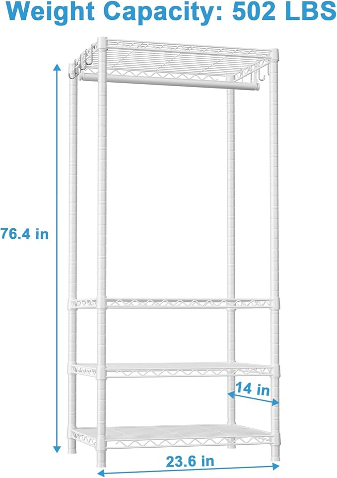 Ulif H4 Mini Portable Closet, 4 Tiers Freestanding Clothing Garment Rack for Small Space, Metal Clothes Wardrobe System for Bedroom, 23.6" W x 14" D x 76.4" H, Load 502 lbs, White | Metal Clothes Wardrobe System for Apartment, Small Space and Bedroom, ...