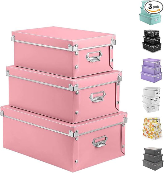 XUCHUN File Storage Boxes, Foldable Storage Bins with Lid 3 in 1 Set, Press-Stud Fastening, Moisture-Proof, Space Saving Storage, Photoes, Files, Closets