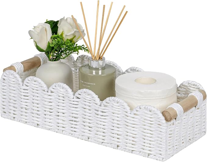 CubesLand Scalloped Toilet Paper Storage Basket W/Handle for Home Decor | Handwoven Toilet Organizer Basket for Countertop, Over Toilet Shelf, End Table, Living Room Cozy Decorative & More, White