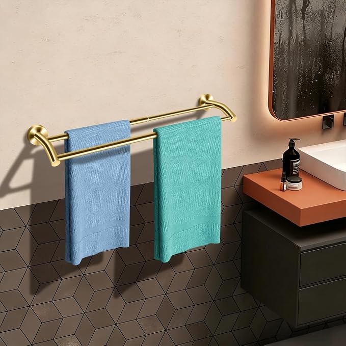 MGahyi Gold Telescopic Double Towel Bar Wall Mount 14.5-24.8Inch | Rustproof Towel Rack with Widened Spacing, Scratch-resistant & Durable for Bathroom Kitchen RV