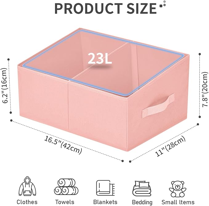 DIMJ Large Closet Shelf Organizer Bins 4 Packs with Handles and Divider, Fabric Trapezoid Storage Baskets, Foldable Clothes Containers Box for Shelf, Towel, Book, Toy, Purse, Hats, Pink