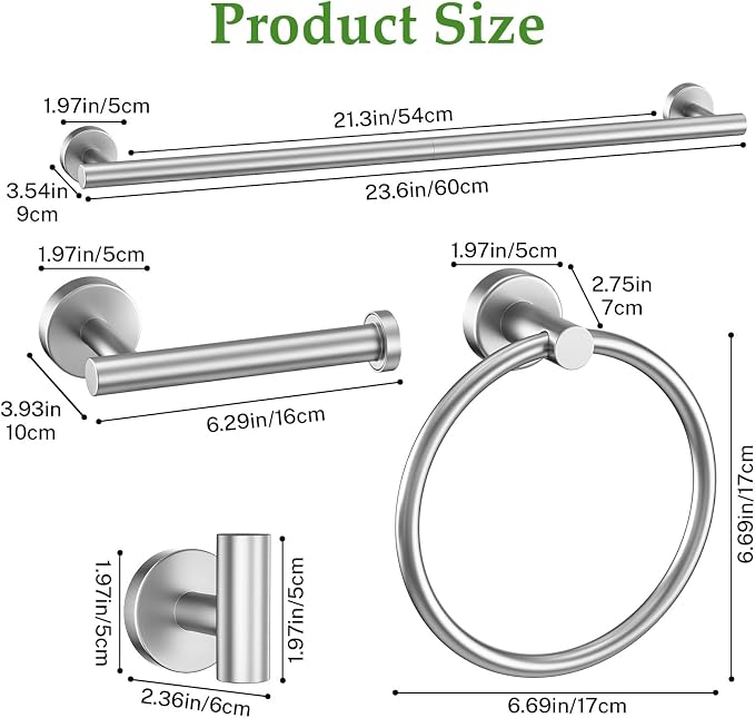 6-Piece Towel Bar Set Brushed Nickel Bathroom Hardware Accessories Set Includes 23.6in Towel Bar 2 Round Towel Ring Stainless Steel Wall-Mounted