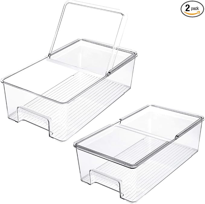SANNO Vegetable Refrigerator Organizer Food Bins with lids Large Stackable Fridge Clear Organizers Kitchen Cabinet Organizer for Freezer, Kitchen, Countertops, Cabinets Pantry Storage Bins，set of 2