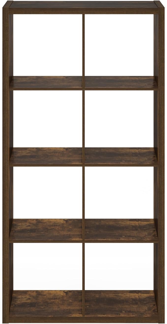 Furinno Cubicle 8-Cube Book Shelf, Extra Thick Frame Bookshelf, Amber Pine | 14.6" x 30" x 58", Horizontally & Vertically Reversible Bookcase with Open Back, for Living Room, Bedroom, Home Office
