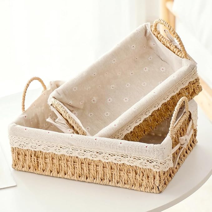 GIB Small Wicker Storage Baskets for Organizing, Decorative Woven Baskets with Handles & Liners, Boho Paper Rope Rectangular Serving Baskets Trays for Shelves, Table, Gifts, Set of 2