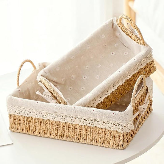 GIB Small Wicker Storage Baskets for Organizing, Decorative Woven Baskets with Handles & Liners, Boho Paper Rope Rectangular Serving Baskets Trays for Shelves, Table, Gifts, Set of 2