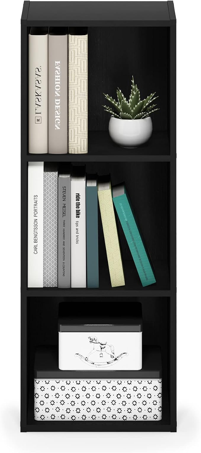 Furinno PASIR Book Shelf, 3-Tier Open Shelves Bookshelf, Bookcase, 9 x 12 x 32, for Living Room, Bedroom, Home Office, Darkwood