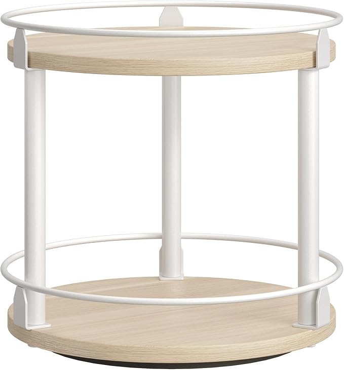YATINEY Lazy Susan Organizer, Rotating Spice Rack, 2 Tier Spice Turntable Organizer, Industrial Turntable Spice Holder, for Kitchen Countertop, Compact and Versatile, White and Light Oak SR22WG