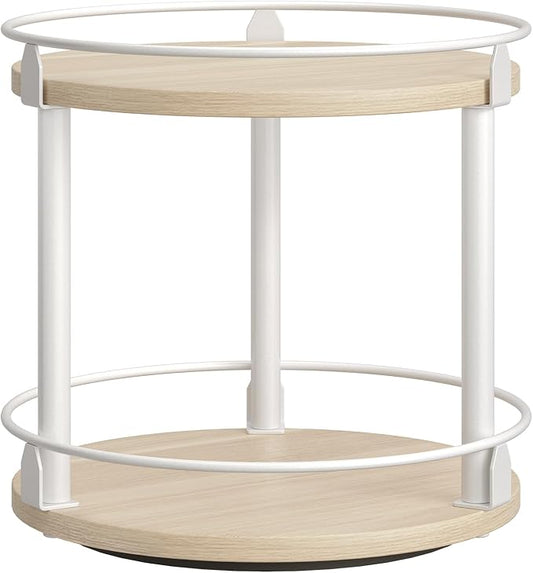 YATINEY Lazy Susan Organizer, Rotating Spice Rack, 2 Tier Spice Turntable Organizer, Industrial Turntable Spice Holder, for Kitchen Countertop, Compact and Versatile, White and Light Oak SR22WG