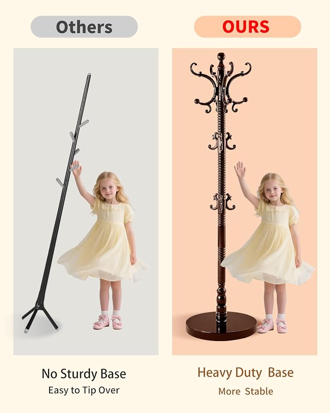 Wooden Coat Rack Freestanding, Solid Wood Coat Rack Stand with 14 Hooks, Vintage Heavy Duty Standing Coat, Sturdy Jacket Hanger Tree Stand for Corner, Office, Entryway