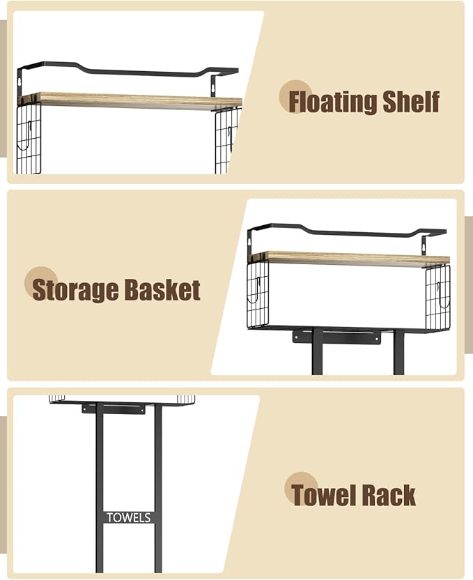 Aetyord Towel Racks for Bathroom - Wall Mounted Metal Rack with Wood Plank, Bathroom Storage Organizer, Towel Holder Stores 6 Large Rolled Towels Easily, Black with Wood Plank