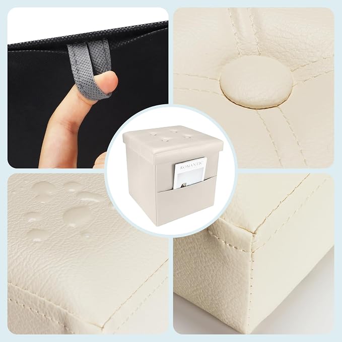 Bsketa Storage Ottoman Bench,15 Inch Folding Leather Foot Rest Stool, Beige | Small Ottoman with Side Pockets, Thicker Foam Padded Seat, Livingroom, Dorm, Bedroom, Easy to install, 30L,15x15x15in