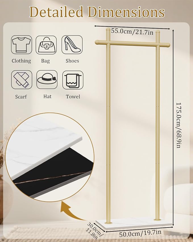 Industrial Clothes Racks,Metal Garment Trees,68.9in,Gold,Small | Coat Racks Freestanding with Natural Patterned Bottom Plate,Easy to Clean Coat Hangers for Home,Clothing Stands for Office