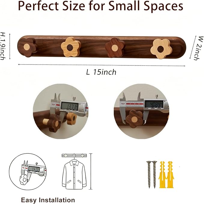 Kids Coat Rack Wall Mount - Wood Cute Flower Coat Hooks for Hanging Clothes,Purse,Robe,Towels,Backpack,Modern Decorative Walnut Wall hooks Heavy Duty Hanger for Girls Nursery,Bathroom,Entryway&Bedroom