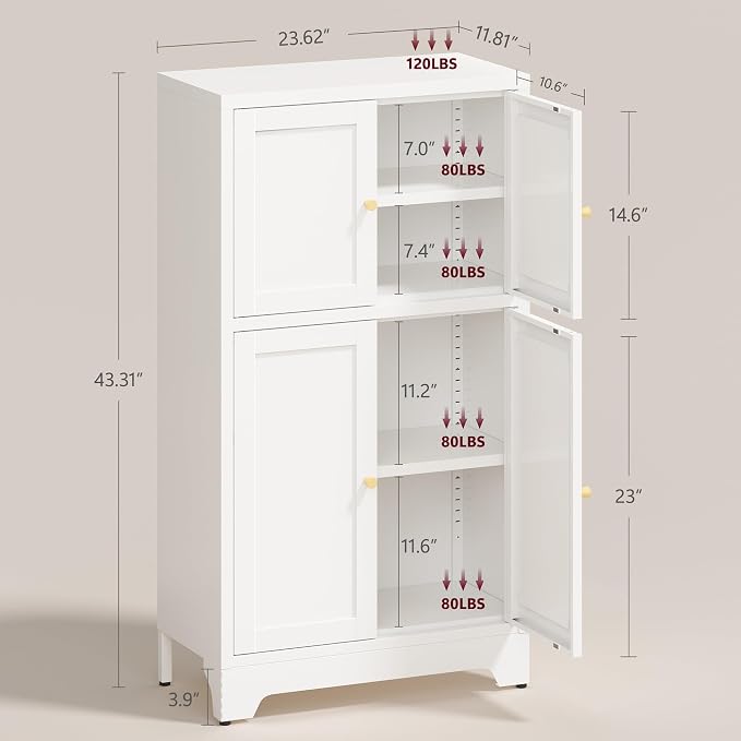 43" H Small Storage Cabinets,Metal White Pantry Cabinets with Doors,Food Pantry Cabinet with 4 Doors and Shelves for Kitchen Dining Room