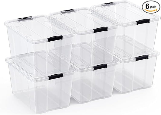 Lifetime Appliance Parts 6 PACK 34 Qt. Plastic Storage Bin Tote Organizing Container with Ultra Durable Lid & Secure Latching Buckles Stackable Extra Strength Clear w/Black Handle