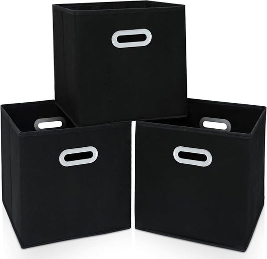 Fabric Cloth Storage Bins,Cube Organizer with Dual Handles Foldable Baskets for Home Bedroom,Set of 3, Black