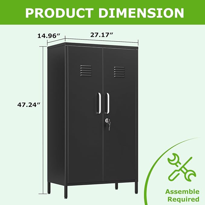 PAOFIN 47" Metal Storage Locker, Lockable Employees Metal Locker with 2 Door and Adjustable Shelves, Steel Locker for Home, School, Office, Gym (Black)