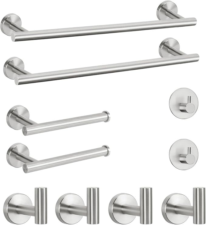 NearMoon Bathroom Hardware Set SUS 304 Thicken Stainless Steel-Towel Bar Set Include 16" Towel Rod, Toilet Paper Holder, Multifunctional Hooks Bathroom Accessories (Brushed Nickel, 10 Pcs)