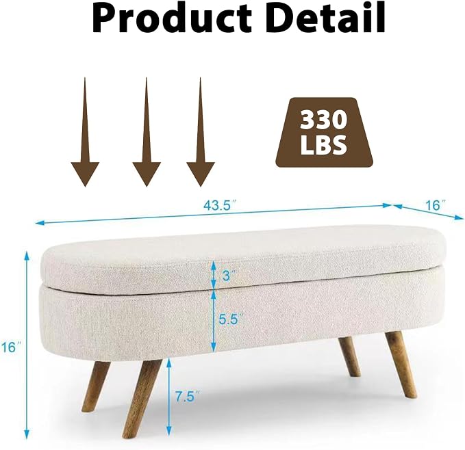 43.5” Storage Ottoman Bench，Upholstered Oval End of Bed Bench for Bedroom | Modern Linen Ottoman with Storage, Entryway Foot Rest with Wooden Legs, Lift-Top Lid with Safety Hinge, Living Room, Beige