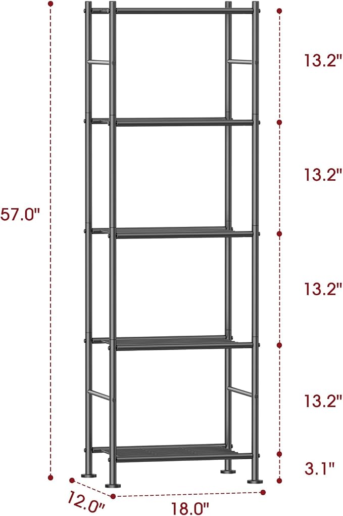 Sakugi Storage Shelves - 5 Tier Shelf Organizer, Sturdy Metal Garage Shelving with Adjustable Leveling Feet, Space-Saving Shelves Organizer for Pantry, Laundry, Kitchen (18" x 12" x 57", Black)