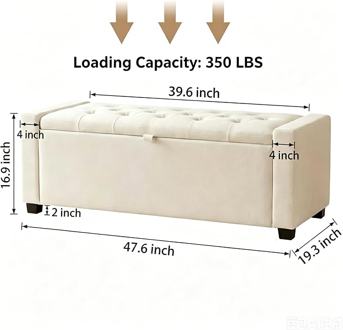 47" Beige Storage Ottoman, Entryway Bench Seat for Livingroom | Versatile design works as a coffee table or footstool; easy assembly, sturdy structure, and comfortable padded cushion.