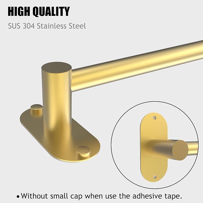 Towel Bar, Adjustable 14.4inch - 25.2inch Towel Rack, Self Adhesive & Wall Mounted for Bathroom Kitchen Hand Towel Holder Cloths Hanger SUS 304 Stainless Steel Single Bar (4, Gold)