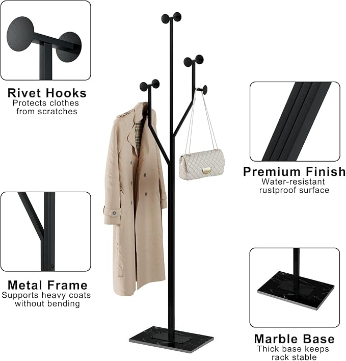 Coat Rack Stand, Freestanding Metal Coat Rack with Sturdy Marble Base, Modern Standing Coat Rack Tree with 8 Hooks for Entryway, Bedroom, Office & Hallway, Space-Saving Design, Black, 68.9 Inches Tall