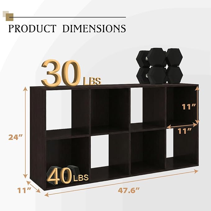 WannabeMyself【Sturdy Build&Easy Assembly】8 Cube Storage Organizer with Anti-Tipping Kits,Reversible Open Back Book Shelf, Bookcase for Living Room,Bedroom,Entrance Hall,Office,24.1×11.4×47.7,Chocolate