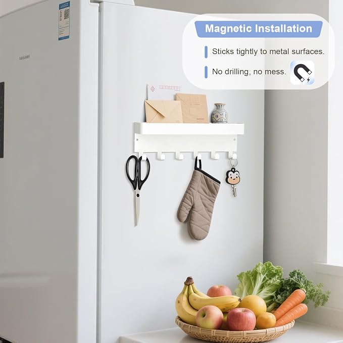 RELBRO Magnetic Key Holder for Fridge, Key Rack with Shelf, White | Metal, Built-in Magnet, Top Tray, 2 Installation Options, Matte Finish, Compact, Key Rack for Refrigerator Camper RV Entryway