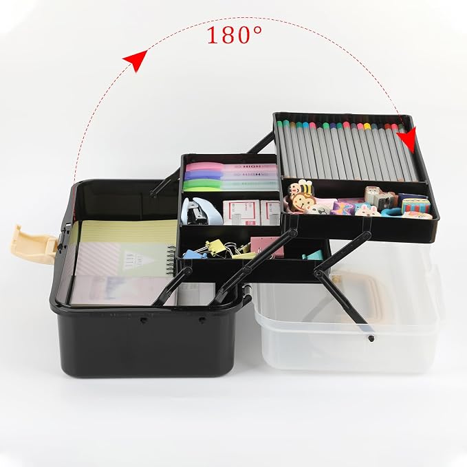 BTSKY 3-Layer Plastic Dividing Storage Box Craft Organizer and Storage | Portable Handled Art Supply Organizer with Adjustable Spacers Multipurpose Home Utility Box for Medicine Sewing(Black+Beige)