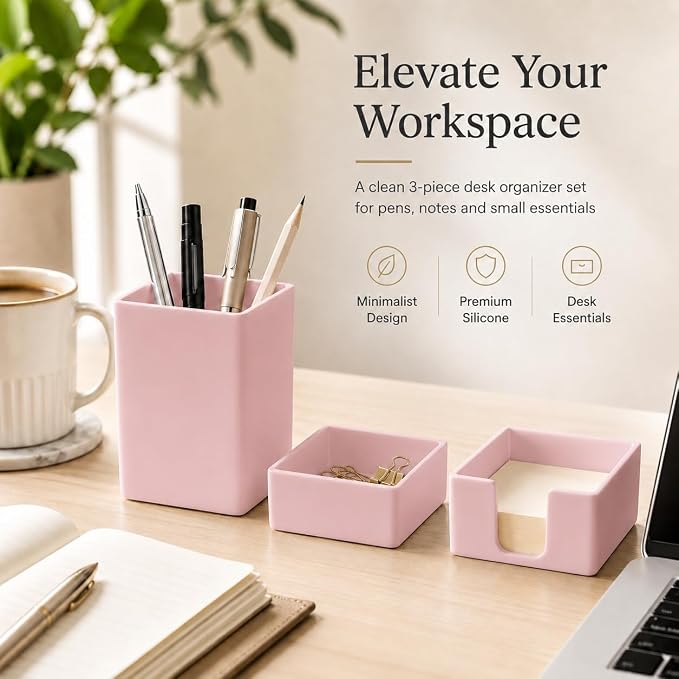minimaliving Aesthetic Silicone Desk Organizer Set of 3,Modern Office Desk Accessories with Pen Holder,Paperclip Tray,Sticky Note Holder,Stylish Functional Office Desk Decor for Back-to-school(Pink)