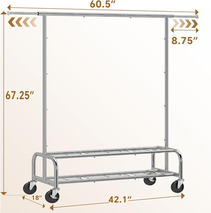 Simple Trending Heavy Duty Clothes Rack, Garment Rack with Extendable Side Rods & Bottom Shelves, 25mm Metal Clothing Rack with Wheels, Bedroom, Laundry Room, Silver